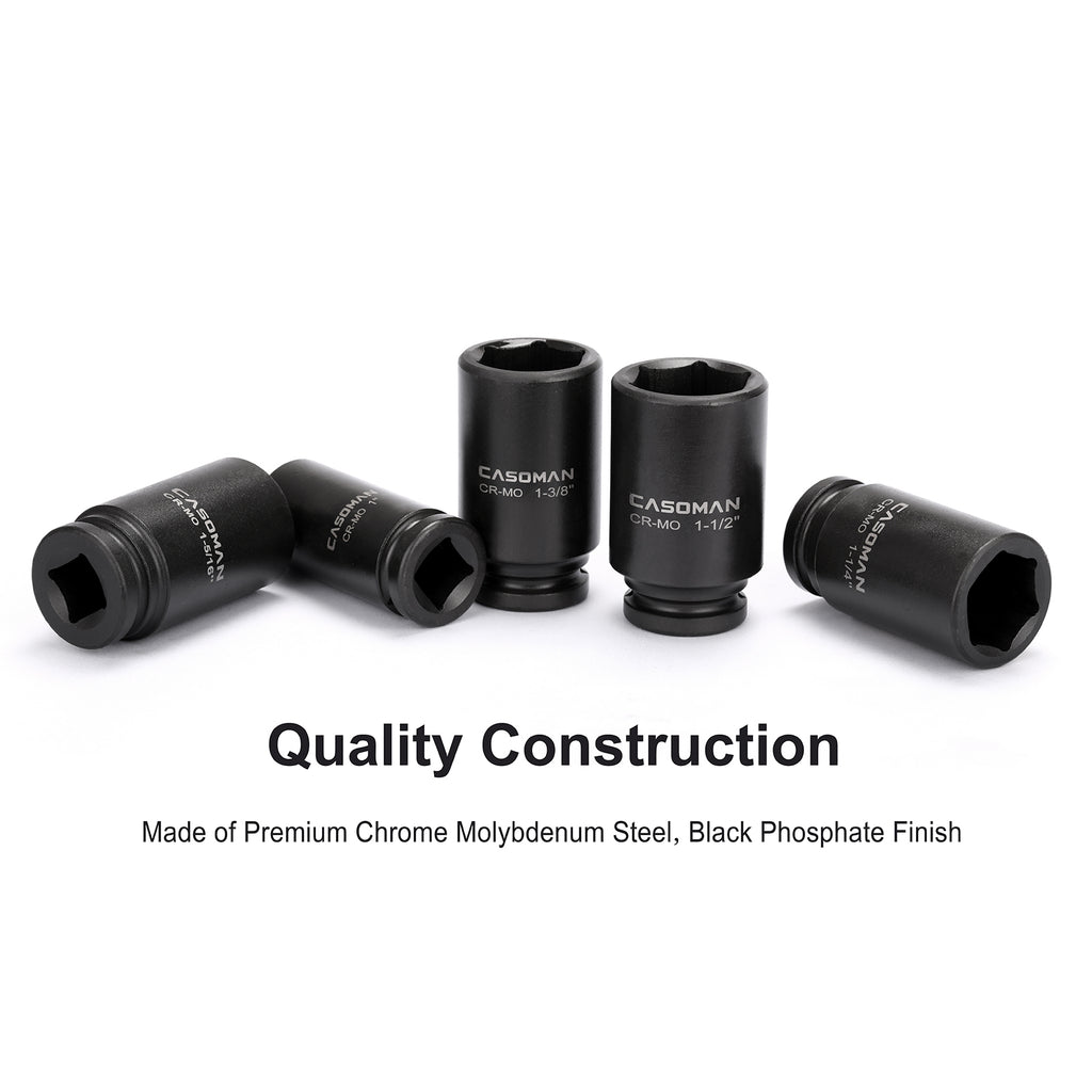 CASOMAN 3/4" Drive Deep Impact Socket Set, 8 Piece Set, SAE Sizes (1-Inch to 1-1/2-Inch), 6 Point, 3/4" Dr. Heavy Duty Impact Socket Set