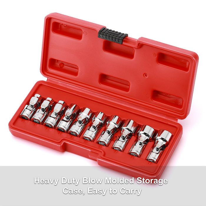 CASOMAN 3/8" Drive Universal Joint Socket Set- 10 Piece Flex Socket Set, 6-Point, Cr-V, Metric, 10-19mm