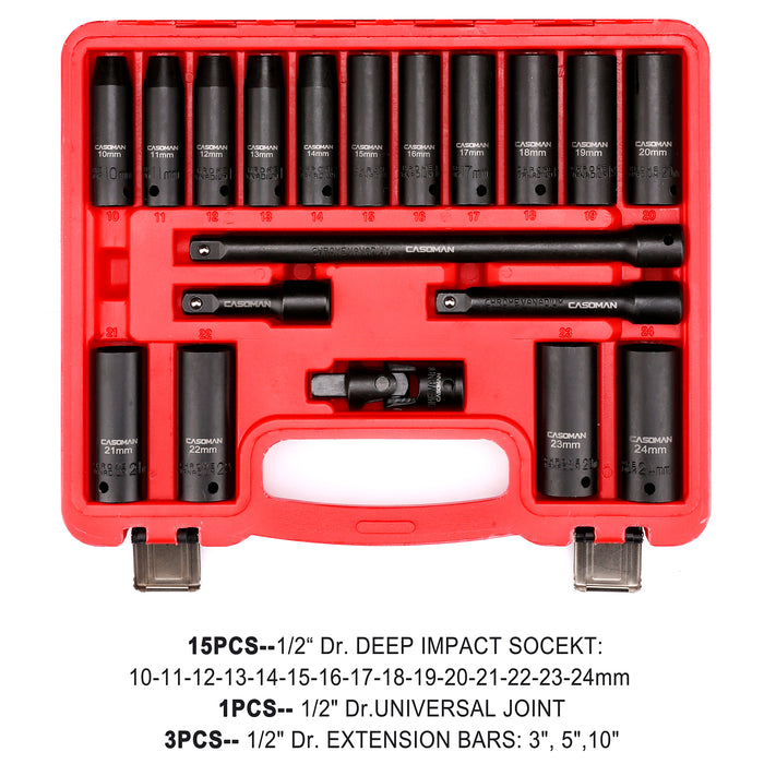 CASOMAN Complete 1/2-Inch Drive Deep Impact Socket Set, Metric, CR