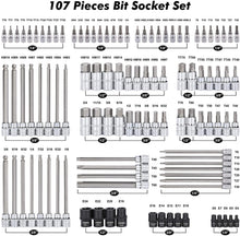 Load image into Gallery viewer, CASOMAN 107 Pieces Bit Socket Set, 1/4", 3/8" and 1/2" Drive, Torx/Extra Long Torx/Tamper Proof Torx/Hex/Ball End Hex, SAE/Metric, S2 Steel Bits