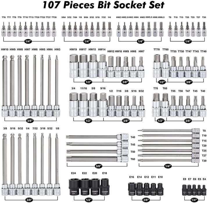 CASOMAN 107 Pieces Bit Socket Set, 1/4", 3/8" and 1/2" Drive, Torx/Extra Long Torx/Tamper Proof Torx/Hex/Ball End Hex, SAE/Metric, S2 Steel Bits