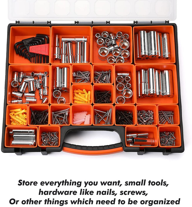 CASOMAN Multi-Purpose Portable Plastic Organizer with 24 different Size Removable Organizers,Storage Case for Hardware,Screws,Bolts,Nails, Tools