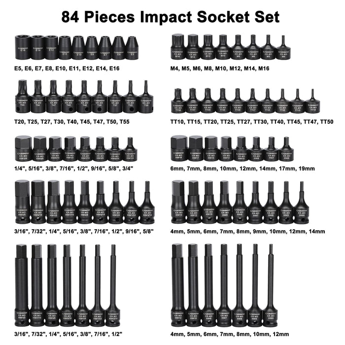 CASOMAN 84 Pieces 3/8" Dr. Master Hex Bit Impact Socket Set, CR-MO, SAE/Metric, Impact Grade, 3/8" Drive Allen Bit Socket Set