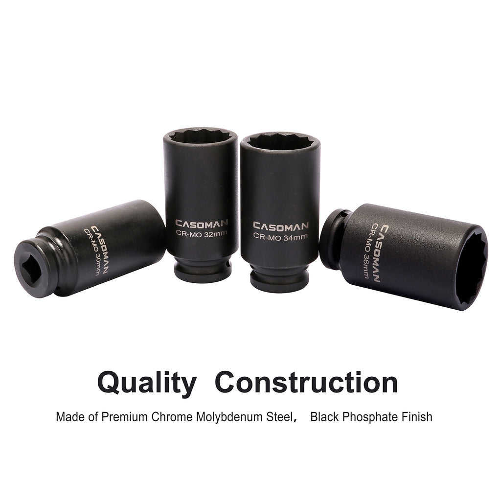 CASOMAN 1/2-Inch Drive Deep Spindle Axle Nut Impact Socket Set,12 Point, Metric, CR-MO, 30,32,34,36mm, 4-Piece 1/2" Heavy Duty Impact Socket Set