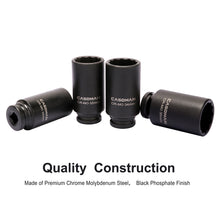 Load image into Gallery viewer, CASOMAN 1/2-Inch Drive Deep Spindle Axle Nut Impact Socket Set,12 Point, Metric, CR-MO, 30,32,34,36mm, 4-Piece 1/2" Heavy Duty Impact Socket Set