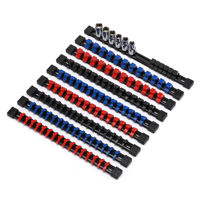 CASOMAN 9PC ABS Socket Organizer, 1/4-Inch, 3/8-Inch, 1/2-Inch, Premium Quality Socket Holders (9-Piece Set, Blue, Red, Black)