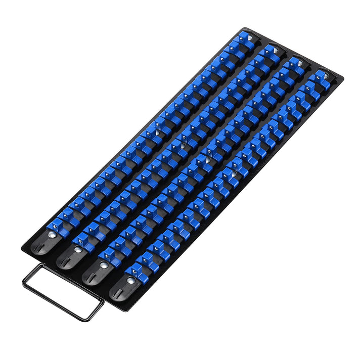 CASOMAN 80-Piece Portable Socket Organizer Tray, For 3/8-inch Socket Only, Heavy Duty Socket Organizer, Black Rails with Blue Clips