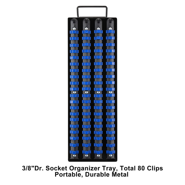 CASOMAN 80-Piece Portable Socket Organizer Tray, For 3/8-inch Socket Only, Heavy Duty Socket Organizer, Black Rails with Blue Clips