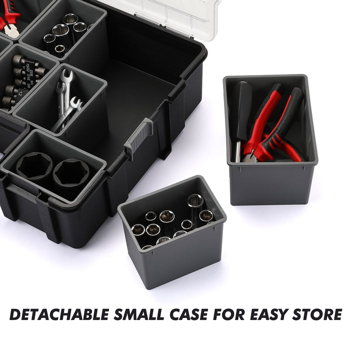 CASOMAN Transparent Portable Organizer with 10 Removable & Deep Bins,  Storage Organizer Case with Carrying Handle, 16.7L x 13.4W x 4.5H
