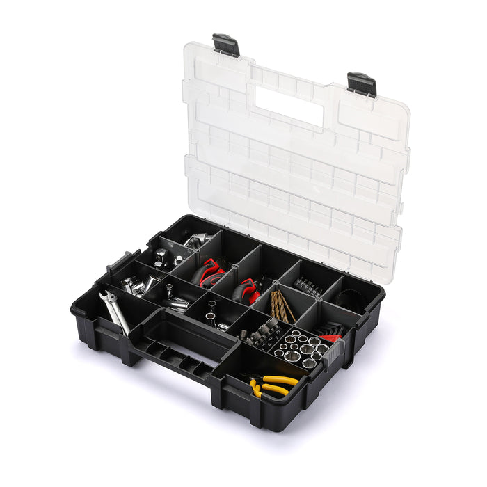 CASOMAN Transparent Portable Organizer, with Customizable Removable Plastic Dividers, Hardware Box Storage, Black/Grey, 16.7"L x 13.4"W x 3.4"H