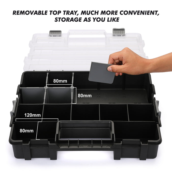 CASOMAN Transparent Portable Organizer, with Customizable Removable Plastic Dividers, Hardware Box Storage, Black/Grey, 16.7"L x 13.4"W x 3.4"H