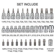 Load image into Gallery viewer, CASOMAN 34 Pieces 3/8-Inch Drive Torx Bit Socket and E-Torx (Star) Socket Set, Cr-V E Socket Set E4-20, S2 Torx Bit Socket Set T10-60, Tamper Proof Torx Bit Set TT10-TT55, 5/16"F to 3/8"M adapter