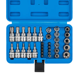 CASOMAN 34 Pieces 3/8-Inch Drive Torx Bit Socket and E-Torx (Star) Socket Set, Cr-V E Socket Set E4-20, S2 Torx Bit Socket Set T10-60, Tamper Proof Torx Bit Set TT10-TT55, 5/16
