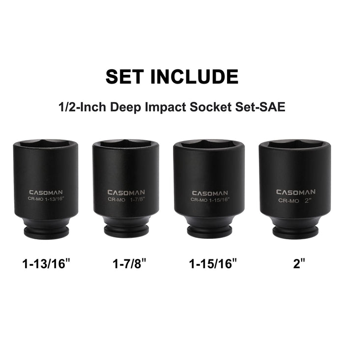 CASOMAN 4 Pieces 1/2" Dr. Deep Impact Socket Set, 1/2-Inch Drive Spindle Axle Nut Impact Socket Set, 1-13/16", 1-7/8", 1-15/16", 2", CR-MO, 6-Point, SAE