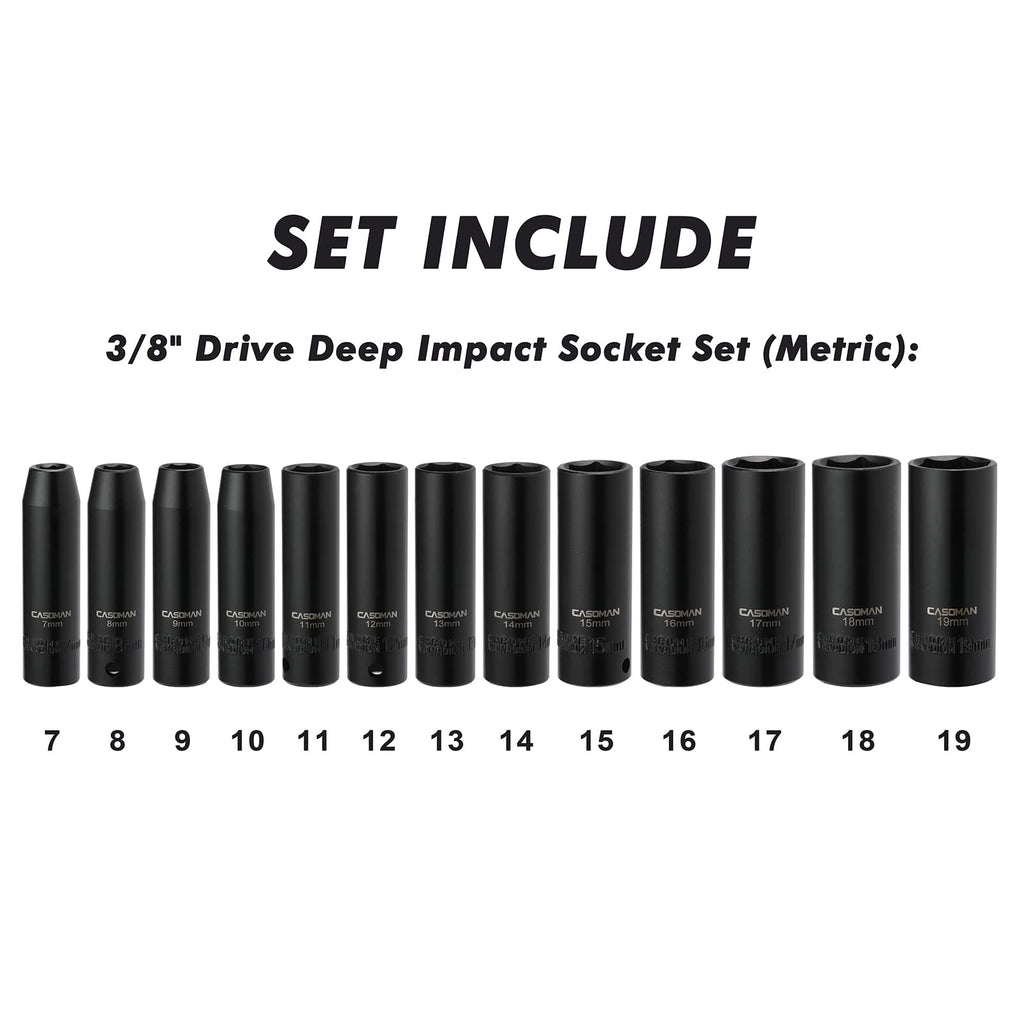 CASOMAM 13 Pieces 3/8-Inch Drive Impact Socket Set, 6-Point, Metric, Deep, CR-V, 7mm to 19mm, Heavy Duty Blow Molded Storage Case