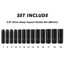 CASOMAM 13 Pieces 3/8-Inch Drive Impact Socket Set, 6-Point, Metric, Deep, CR-V, 7mm to 19mm, Heavy Duty Blow Molded Storage Case