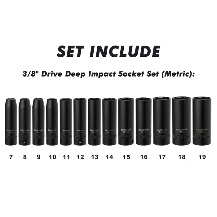 CASOMAM 13 Pieces 3/8-Inch Drive Impact Socket Set, 6-Point, Metric, Deep, CR-V, 7mm to 19mm, Heavy Duty Blow Molded Storage Case