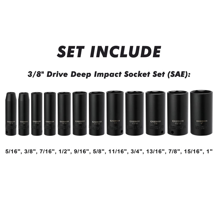 CASOMAM 12 Pieces 3/8-Inch Drive Impact Socket Set, 6-Point, SAE, Deep, CR-V, 5/16" to 1", Heavy Duty Blow Molded Storage Case