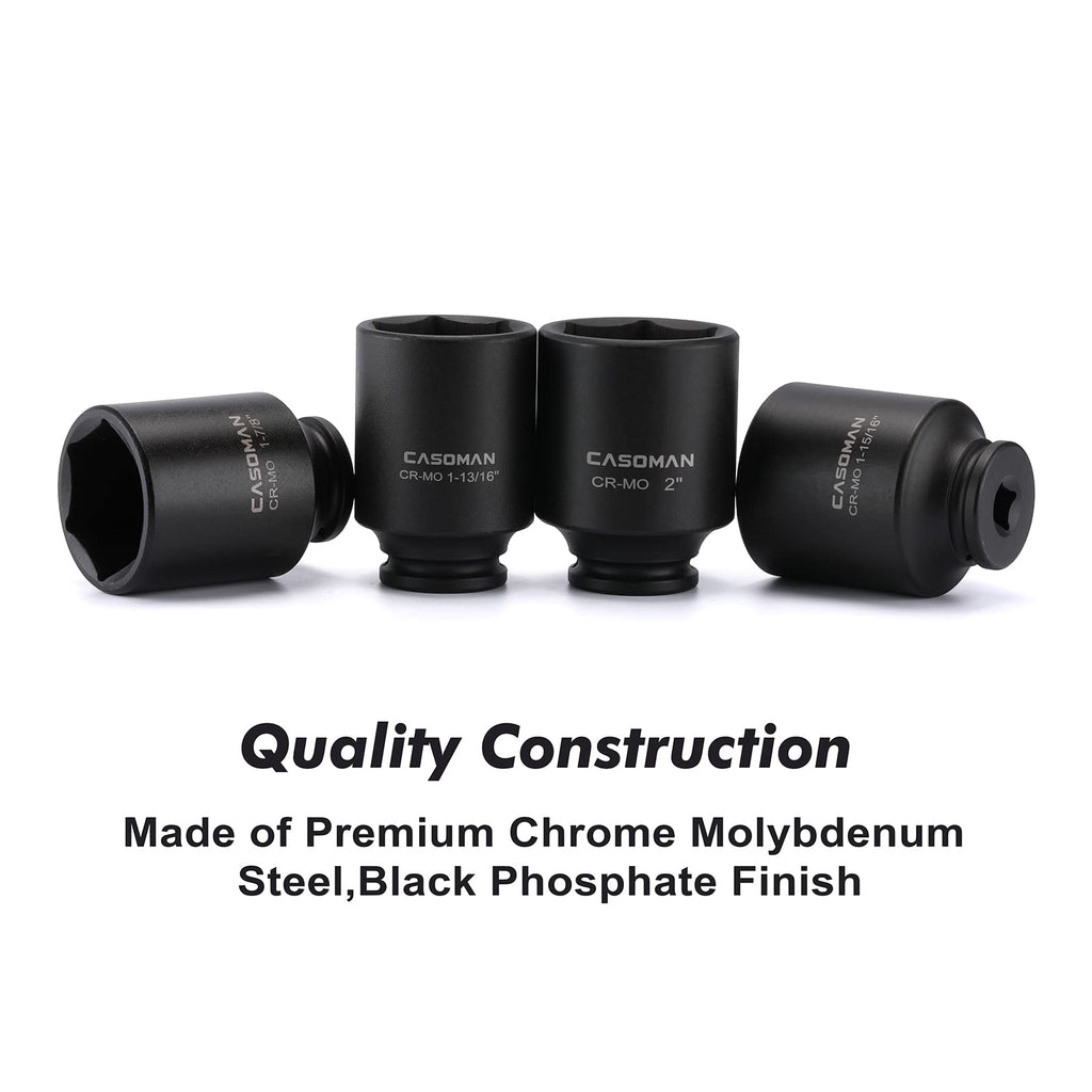 CASOMAN 4 Pieces 1/2" Dr. Deep Impact Socket Set, 1/2-Inch Drive Spindle Axle Nut Impact Socket Set, 1-13/16", 1-7/8", 1-15/16", 2", CR-MO, 6-Point, SAE
