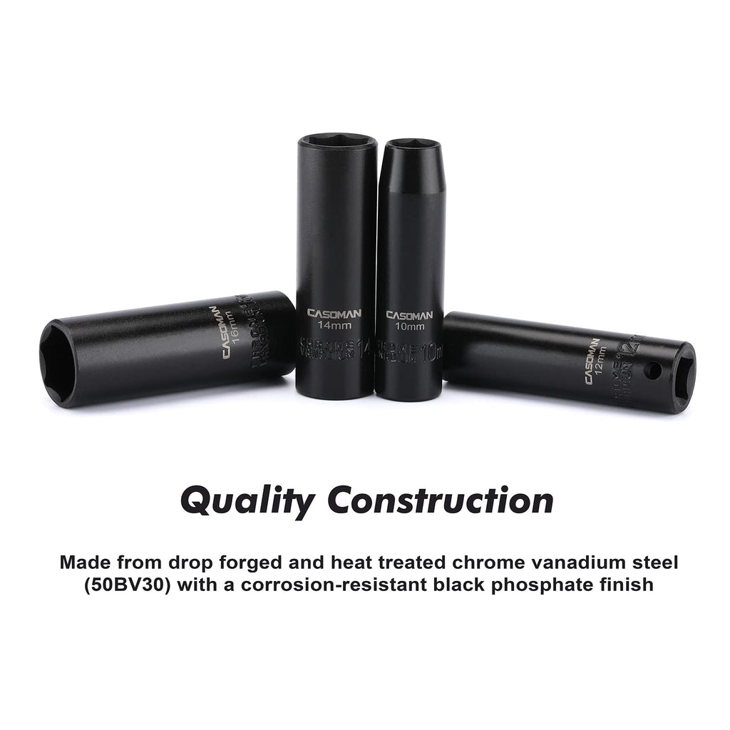 CASOMAM 13 Pieces 3/8-Inch Drive Impact Socket Set, 6-Point, Metric, Deep, CR-V, 7mm to 19mm, Heavy Duty Blow Molded Storage Case