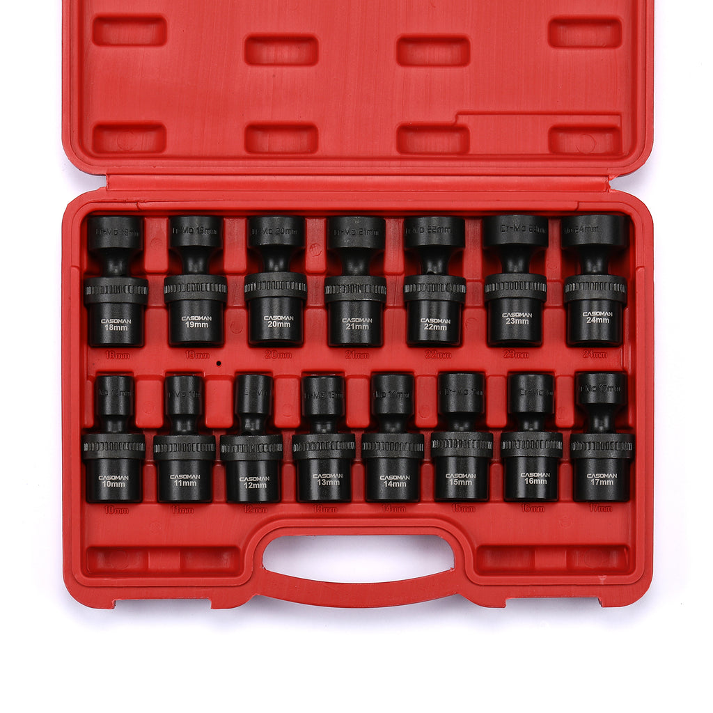 CASOMAN 15 PCS 1/2" Drive Shallow Universal Impact Socket Set, 6 Point, Metric,10-24mm