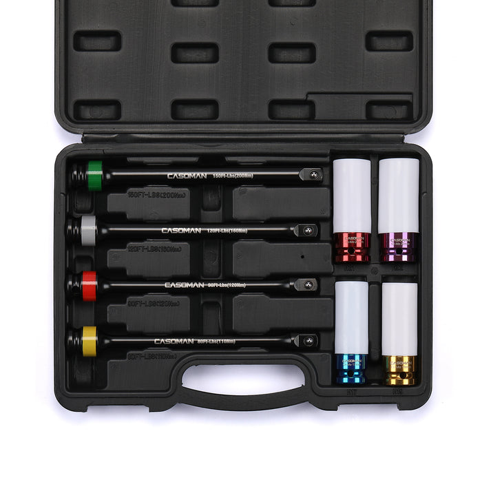 CASOMAN 1/2-inch Drive 8 inch Long Color-Coded Torque Limiting Socket Extension Bar & Tire Deep Socket Set