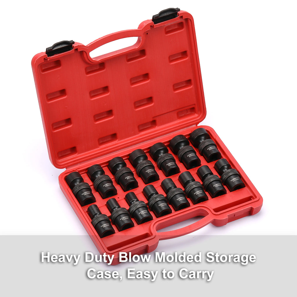 CASOMAN 15 PCS 1/2" Drive Shallow Universal Impact Socket Set, 6 Point, Metric,10-24mm