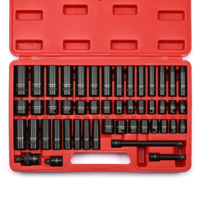CASOMAN 3/8" Drive Impact Socket Set, 48 Piece Shallow SAE and Metric Sizes (5/16-Inch to 3/4-Inch and 8-22 mm), 6 Point, Cr-V Steel Socket Set