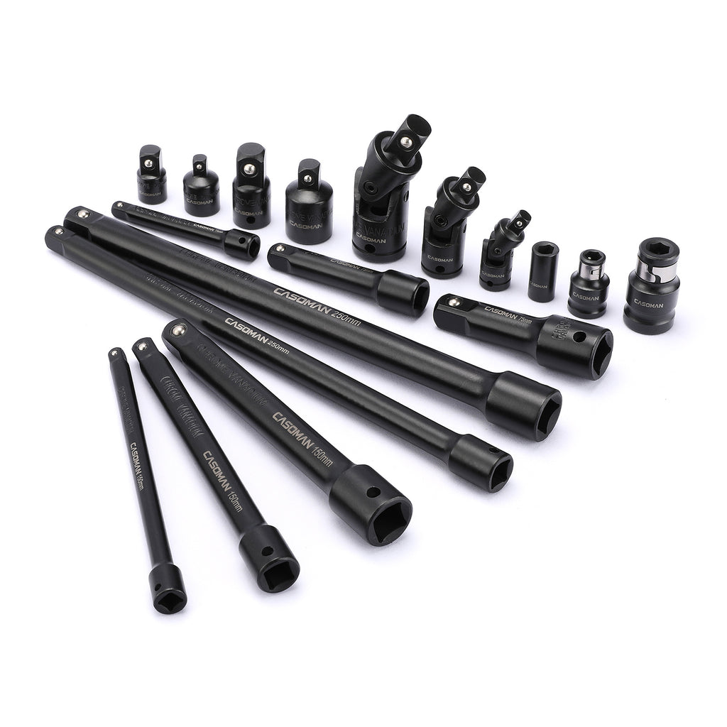 CASOMAN 18-Piece Drive Tool Accessory Set, Black Phosphate Finish, Includes Socket Adapters, Extensions and Universal Joints and Impact Coupler