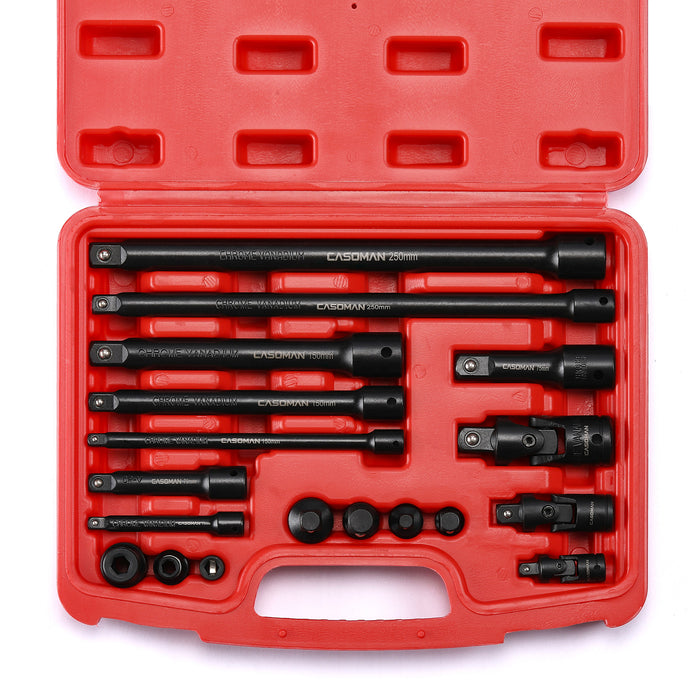 CASOMAN 18-Piece Drive Tool Accessory Set, Black Phosphate Finish, Includes Socket Adapters, Extensions and Universal Joints and Impact Coupler