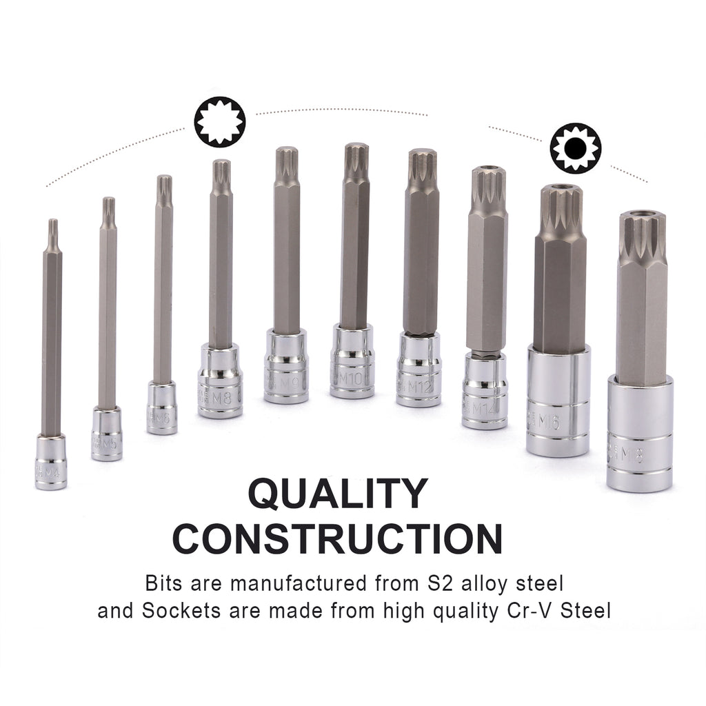 CASOMAN 10 Piece Spline Tip Bit Socket Set, M-Type, S2 and Cr-V Steel, Extra Long 4'' Length, M4-M18, XZN Triple Square Spline Bit Socket Set