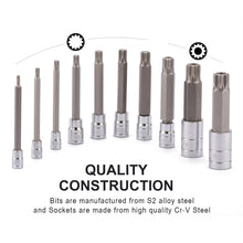 Load image into Gallery viewer, CASOMAN 10 Piece Spline Tip Bit Socket Set, M-Type, S2 and Cr-V Steel, Extra Long 4'' Length, M4-M18, XZN Triple Square Spline Bit Socket Set