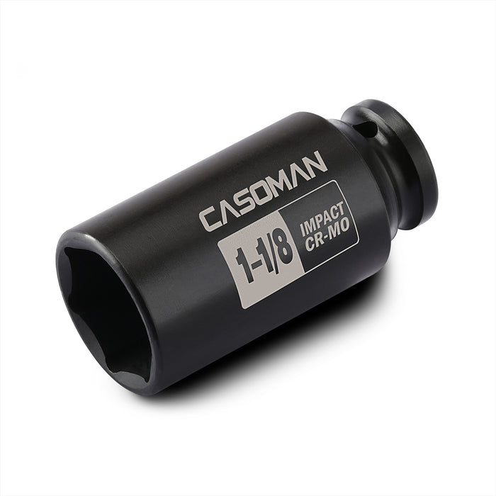 CASOMAN 6-Point 1/2-Inch Drive Deep Impact Socket,1-1/8" (SAE),CR-MO,1/2-inch Drive 6 PT Axle Nut Socket for Easy Removal of Axle Shaft Nuts (1-1/8")