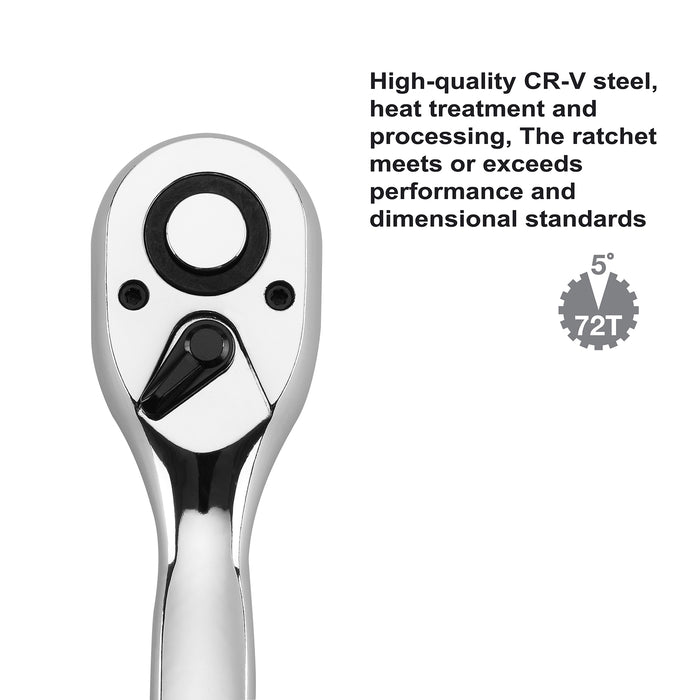CASOMAN 1/2-Inch Drive Curved Quick Release 72-Tooth Ratchet, Socket Ratchet Wrench, Ratchet handle, Release Gear Spanner Tool, CR-V
