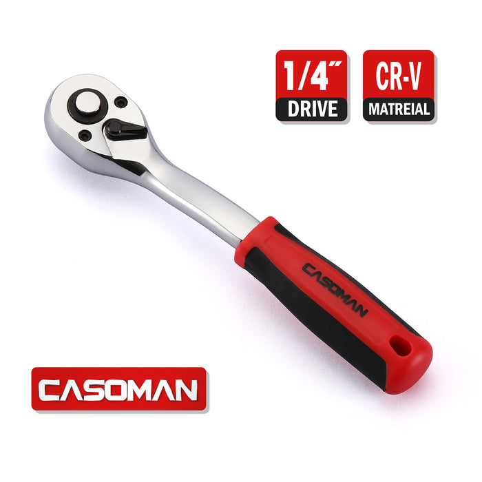 CASOMAN 1/4-Inch Drive Curved Quick Release 72-Tooth Ratchet, Socket Ratchet Wrench, Ratchet handle, Release Gear Spanner Tool, CR-V