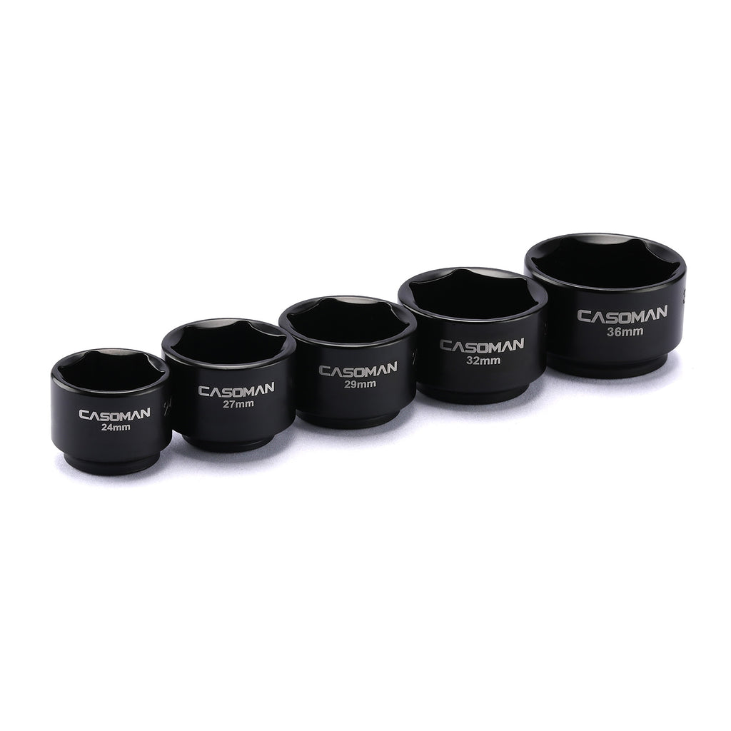 CASOMAN 5 Pieces 3/8" Drive Low Profile Oil Filter Socket Set, Oil Filter Cap Remover and Installer Tool Set, 6 Point, 24mm 27mm, 29mm, 32mm, 36mm