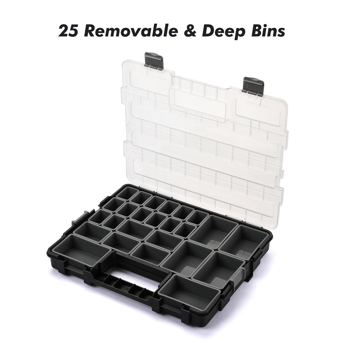 CASOMAN Transparent Portable Organizer, with 25 Removable & Deep Bins, Hardware & Parts Organizers, Versatile and Durable，16.5" L x 13.4" W x 2.4" H