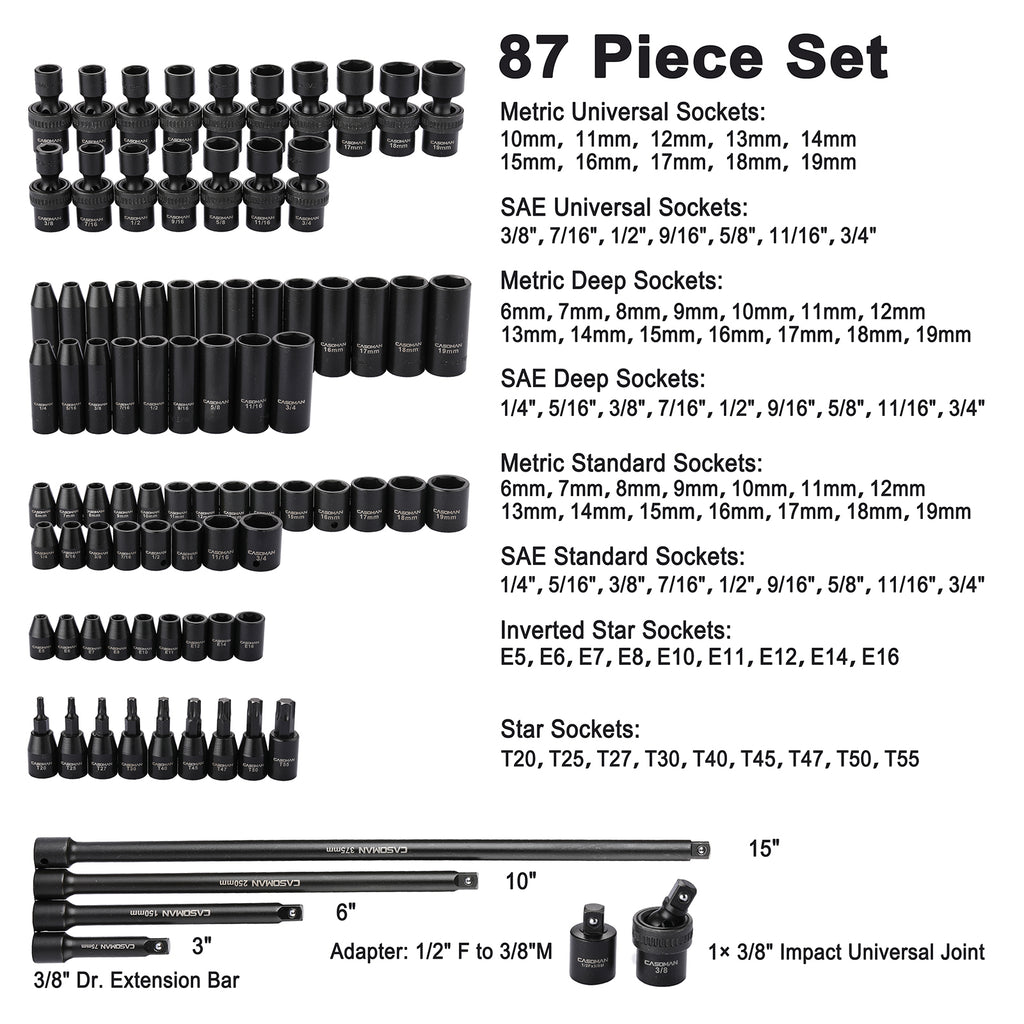 CASOMAN 87 Pcs 3/8" Drive Master Impact Socket Set