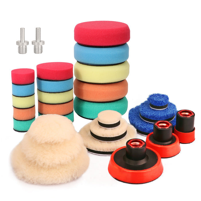 CASOMAN Buffing and Polishing Pad Kit with Mix Size (1", 2", 3") Kit with 5/8"-11 Thread Backing pad & Adapters 29 Piece Set for Car Sanding