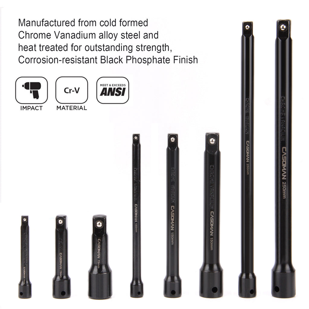 CASOMAN 18-Piece Drive Tool Accessory Set, Black Phosphate Finish, Includes Socket Adapters, Extensions and Universal Joints and Impact Coupler