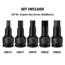 Load image into Gallery viewer, CASOMAN 3/4 Inch Drive Impact Hex Driver Set, 5-Pieces, Metric, 14mm, 17mm, 19mm, 22mm, 24mm, 3/4" Drive Master Impact Hex Bit Set, CR-MO, Impact Grade,...