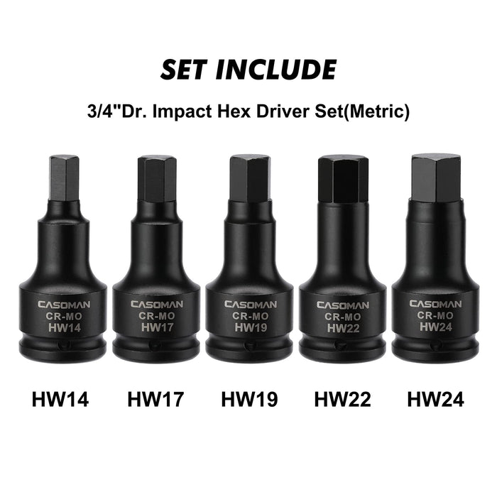 CASOMAN 3/4 Inch Drive Impact Hex Driver Set, 5-Pieces, Metric, 14mm, 17mm, 19mm, 22mm, 24mm, 3/4" Drive Master Impact Hex Bit Set, CR-MO, Impact Grade,...