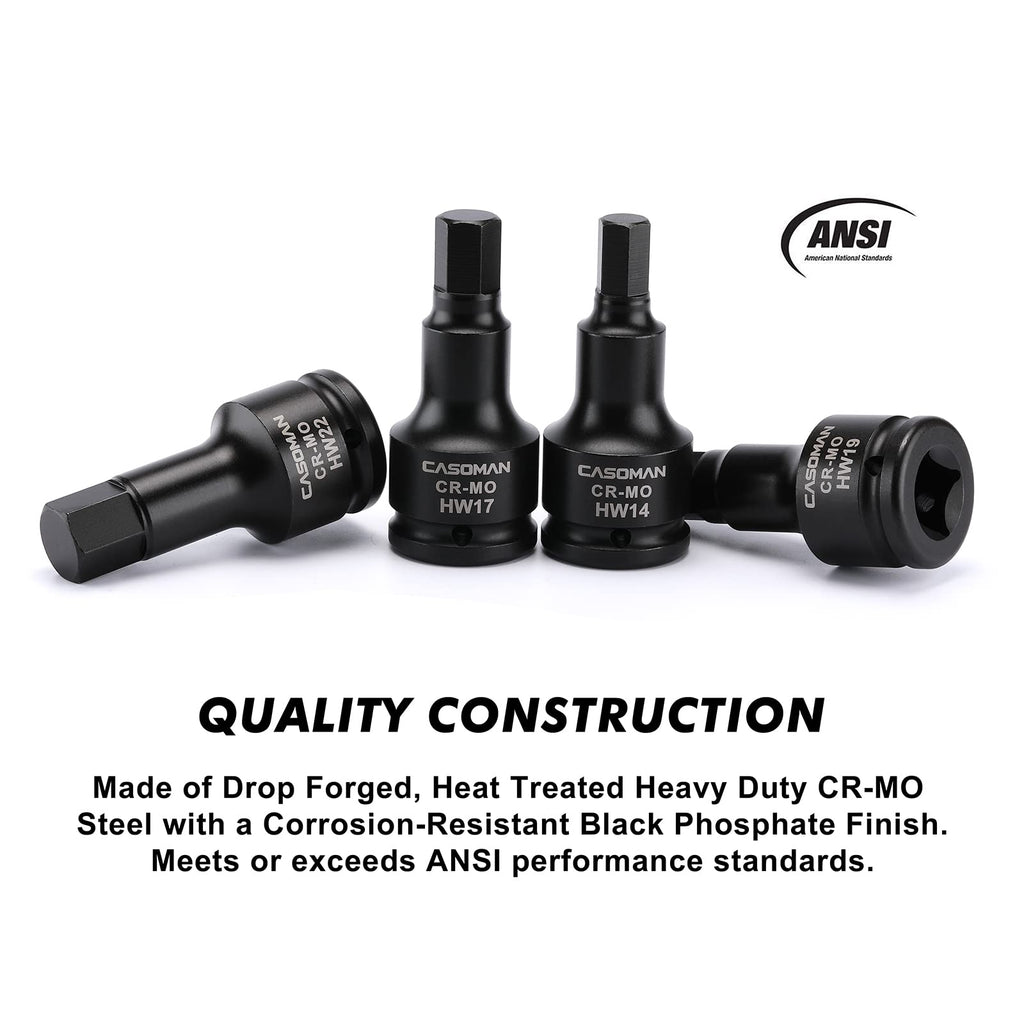 CASOMAN 3/4 Inch Drive Impact Hex Driver Set, 5-Pieces, Metric, 14mm, 17mm, 19mm, 22mm, 24mm, 3/4" Drive Master Impact Hex Bit Set, CR-MO, Impact Grade,...