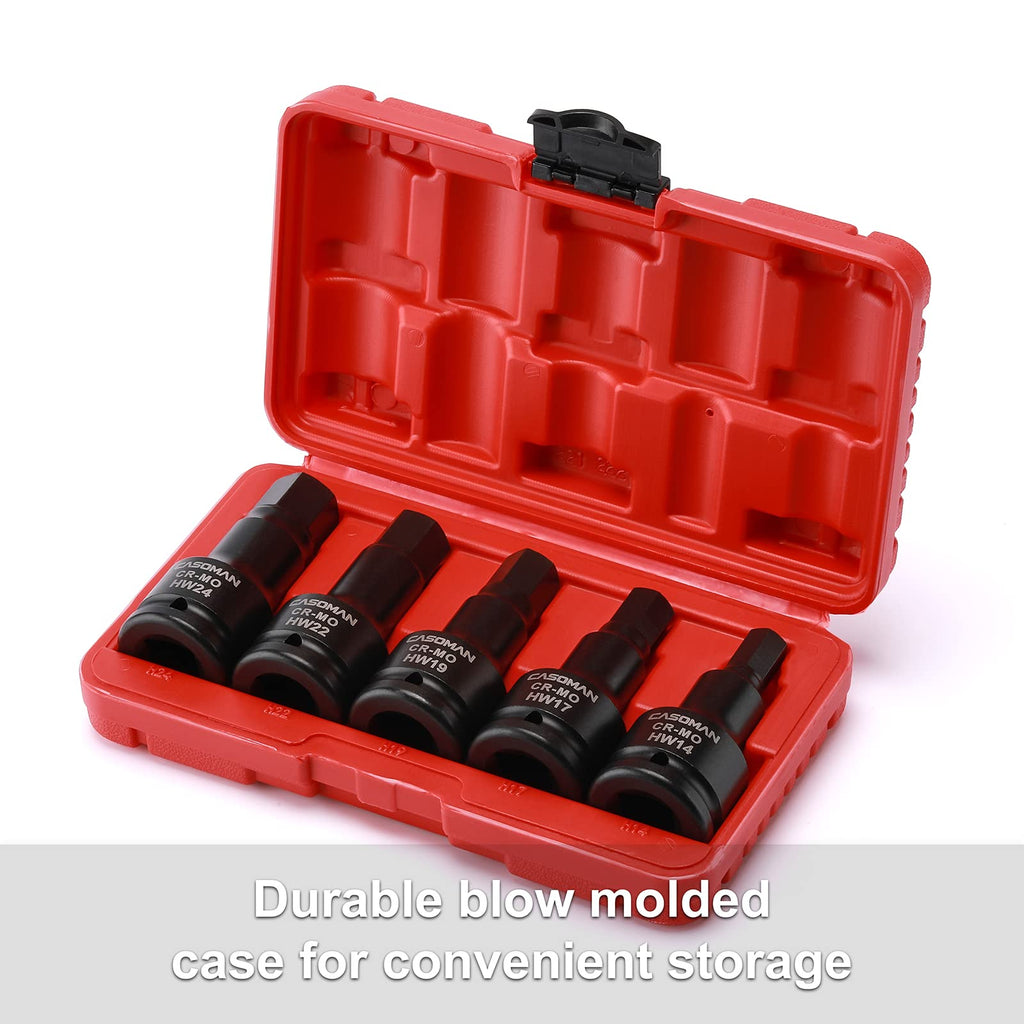 CASOMAN 3/4 Inch Drive Impact Hex Driver Set, 5-Pieces, Metric, 14mm, 17mm, 19mm, 22mm, 24mm, 3/4" Drive Master Impact Hex Bit Set, CR-MO, Impact Grade,...