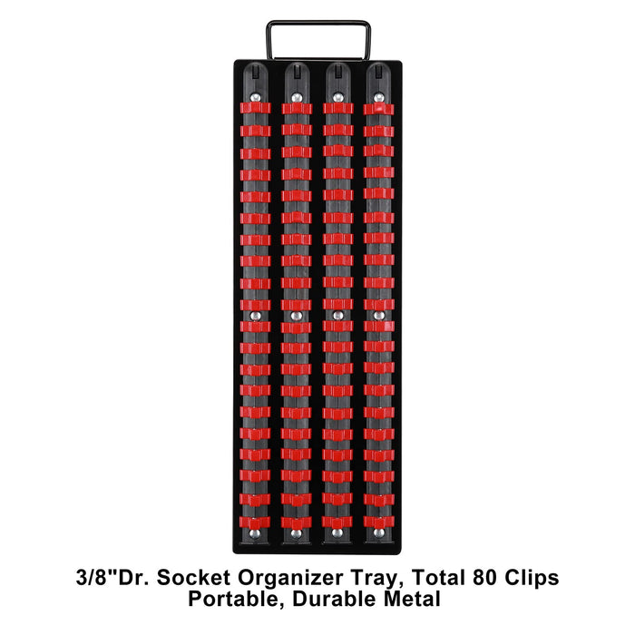 CASOMAN 80-Piece Portable Socket Organizer Tray, For 3/8-inch Socket Only, Heavy Duty Socket Organizer, Black Rails with Red Clips