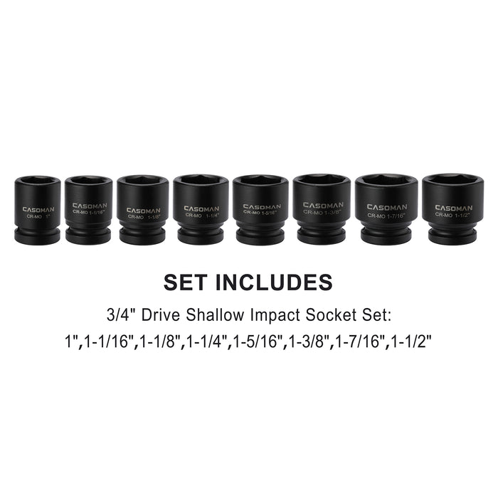 CASOMAN 3/4" Drive Shallow Impact Socket Set, 8 Piece Set, SAE Sizes (1-Inch to 1-1/2-Inch), 6 Point, 3/4" Dr. Heavy Duty Impact Socket Set