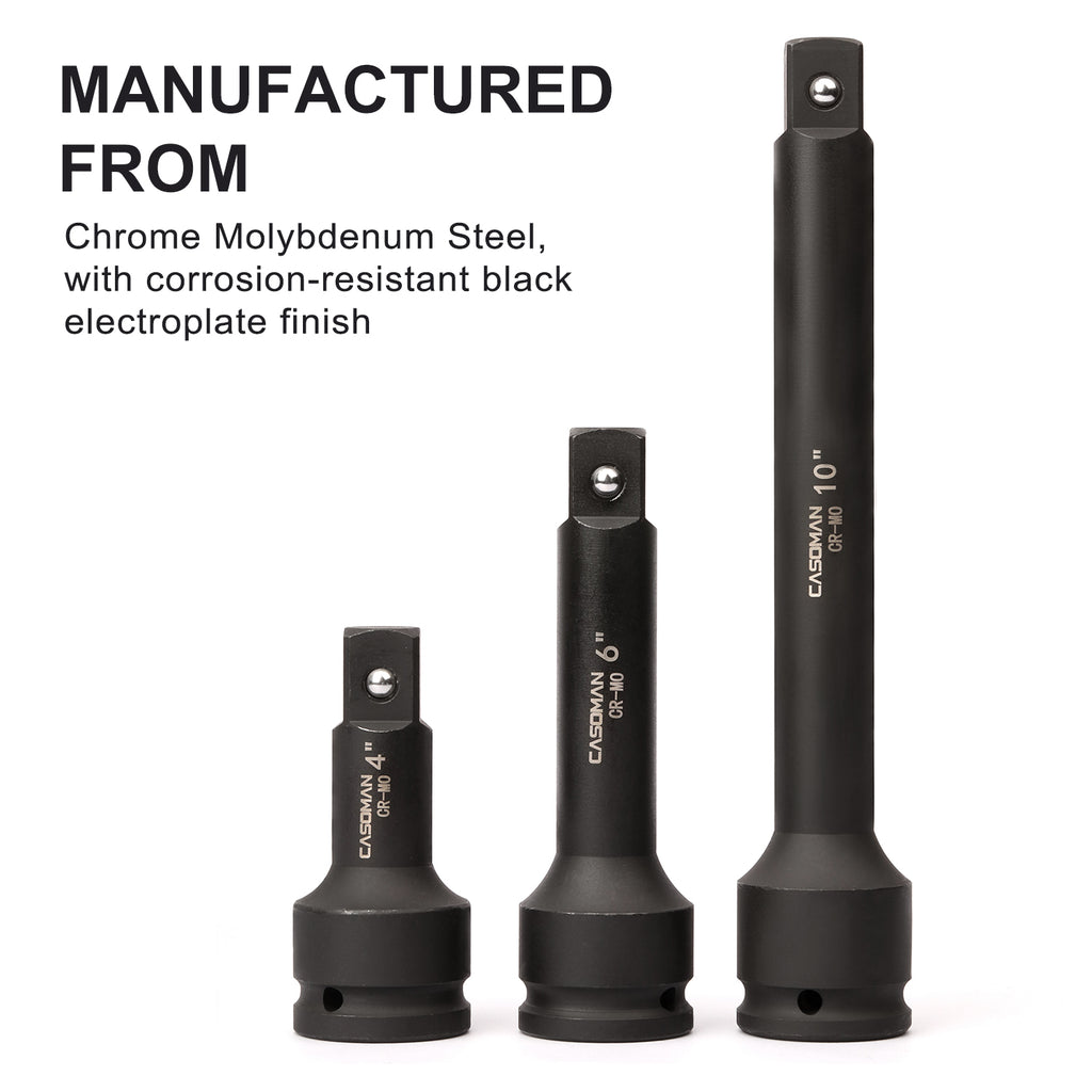 CASOMAN 3/4” Drive Impact Extension Bar, Cr-Mo Steel ,3-Piece Set , 4”, 6”, 10” ext. bar