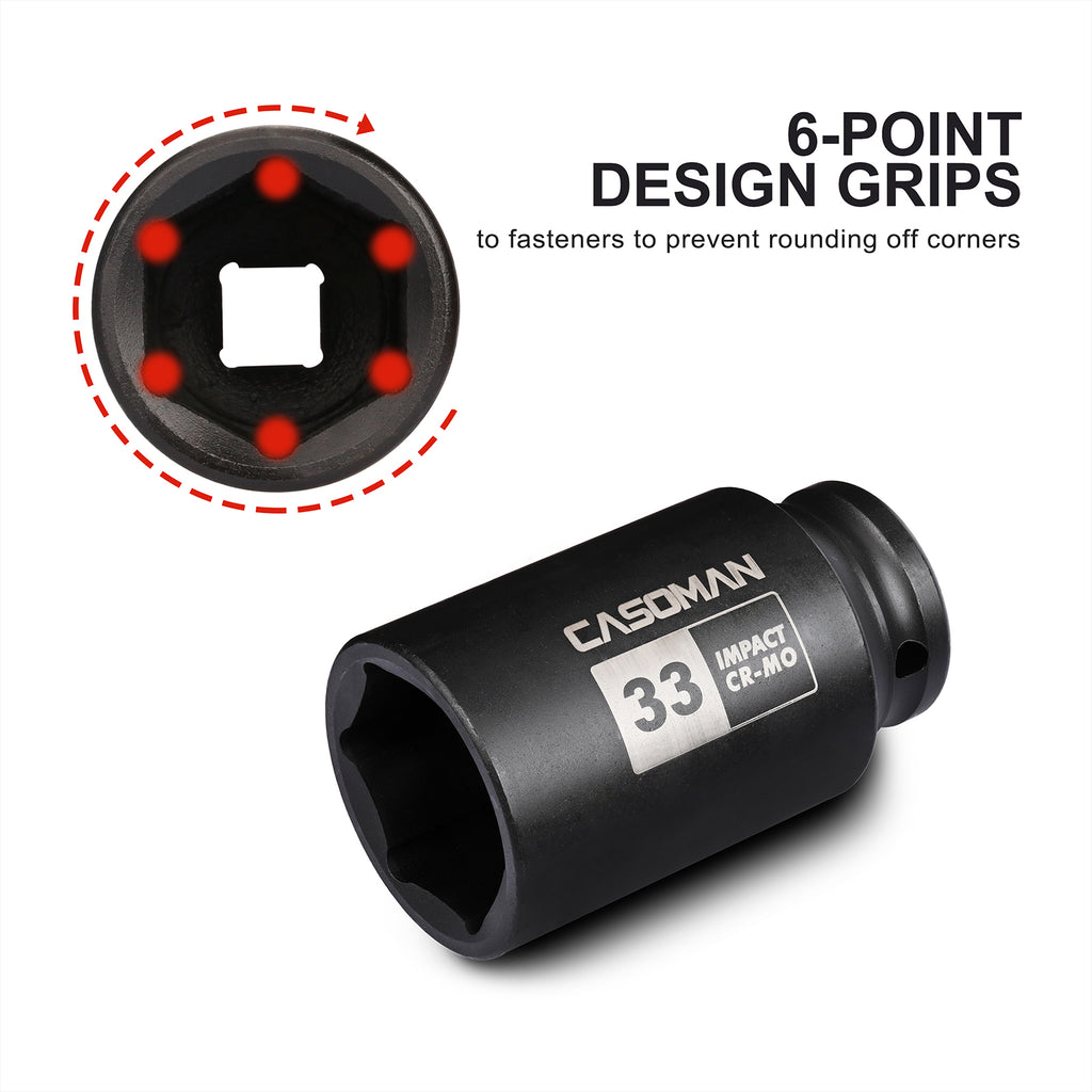 CASOMAN 1/2" Drive x 33 mm Deep 6 PT Impact Socket, CR-MO, 1/2-inch Drive 6 Point Axle Nut Socket for Easy Removal of Axle Shaft Nuts (33MM)