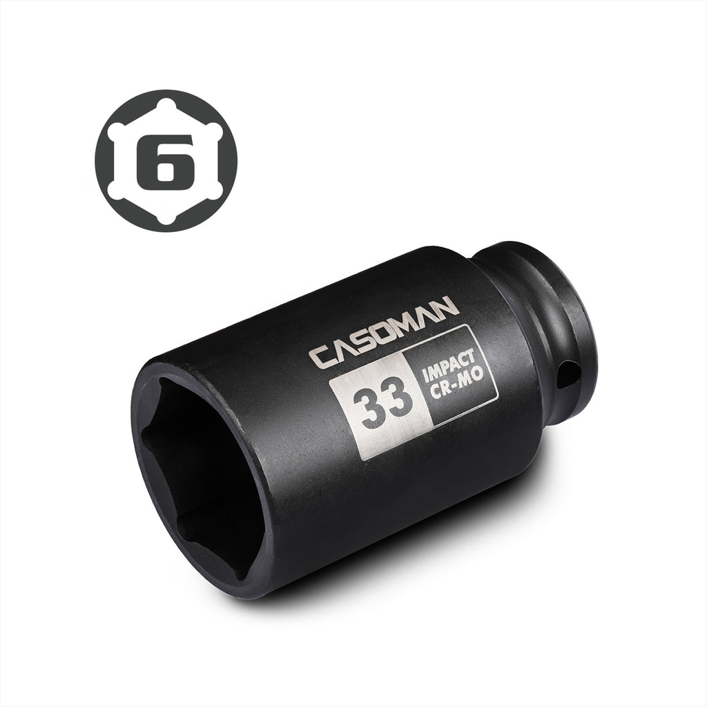 CASOMAN 1/2" Drive x 33 mm Deep 6 PT Impact Socket, CR-MO, 1/2-inch Drive 6 Point Axle Nut Socket for Easy Removal of Axle Shaft Nuts (33MM)