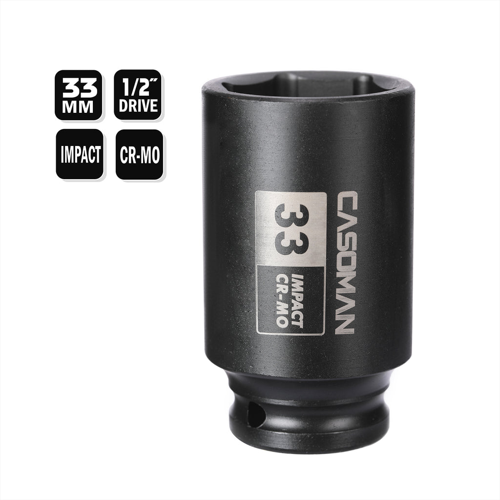 CASOMAN 1/2" Drive x 33 mm Deep 6 PT Impact Socket, CR-MO, 1/2-inch Drive 6 Point Axle Nut Socket for Easy Removal of Axle Shaft Nuts (33MM)